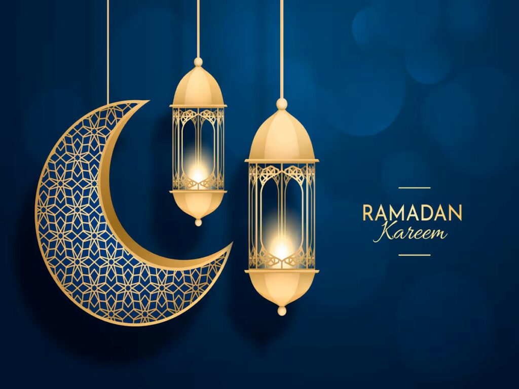 Golden crescent moon and lanterns on blue background with Ramadan Kareem text, celebrating the holy month.