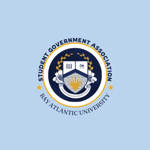 Bay Atlantic University Student Government Association blue and gold emblem with shield and laurel wreath design.