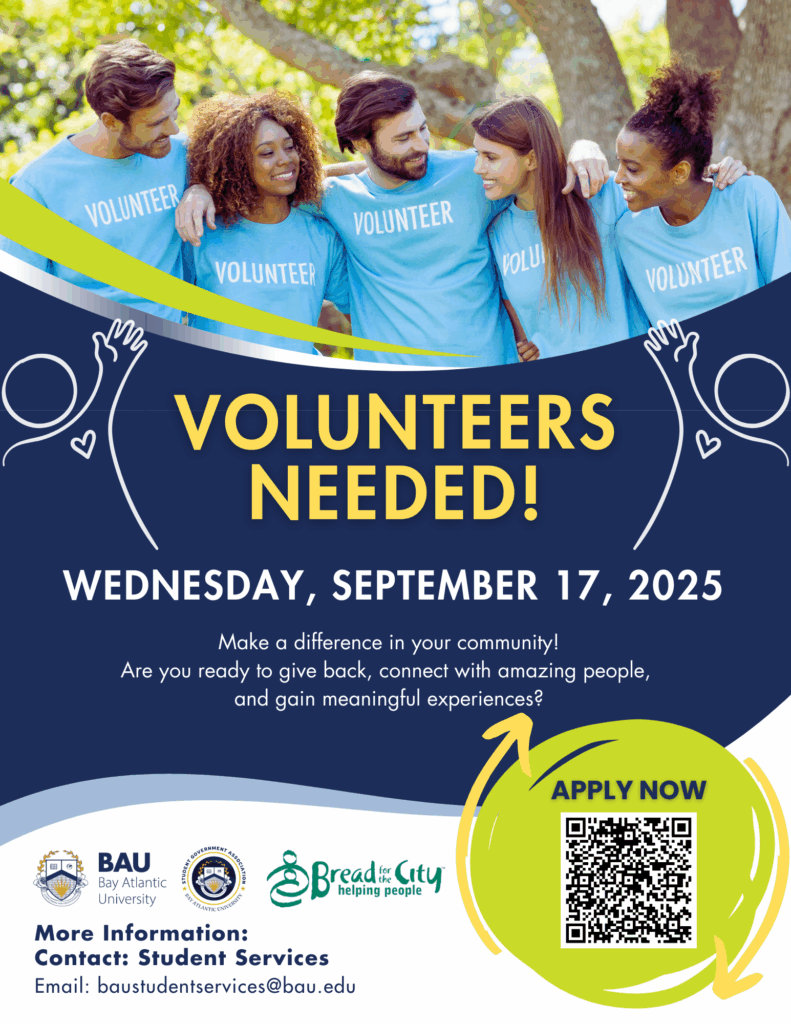 Group of happy volunteers needed for community event on September 17, 2025. Apply now via QR code.