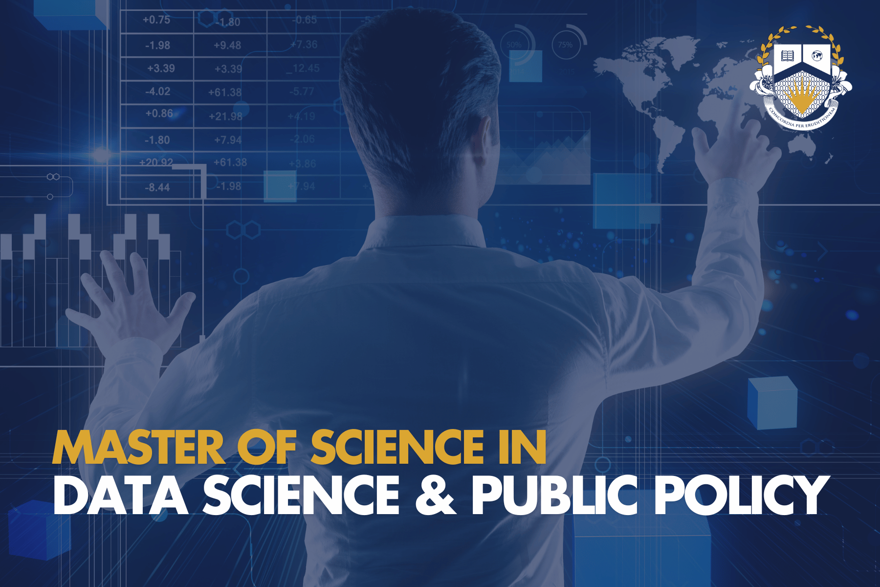 Person interacting with digital data chart, promoting Master's in Data Science & Public Policy program.