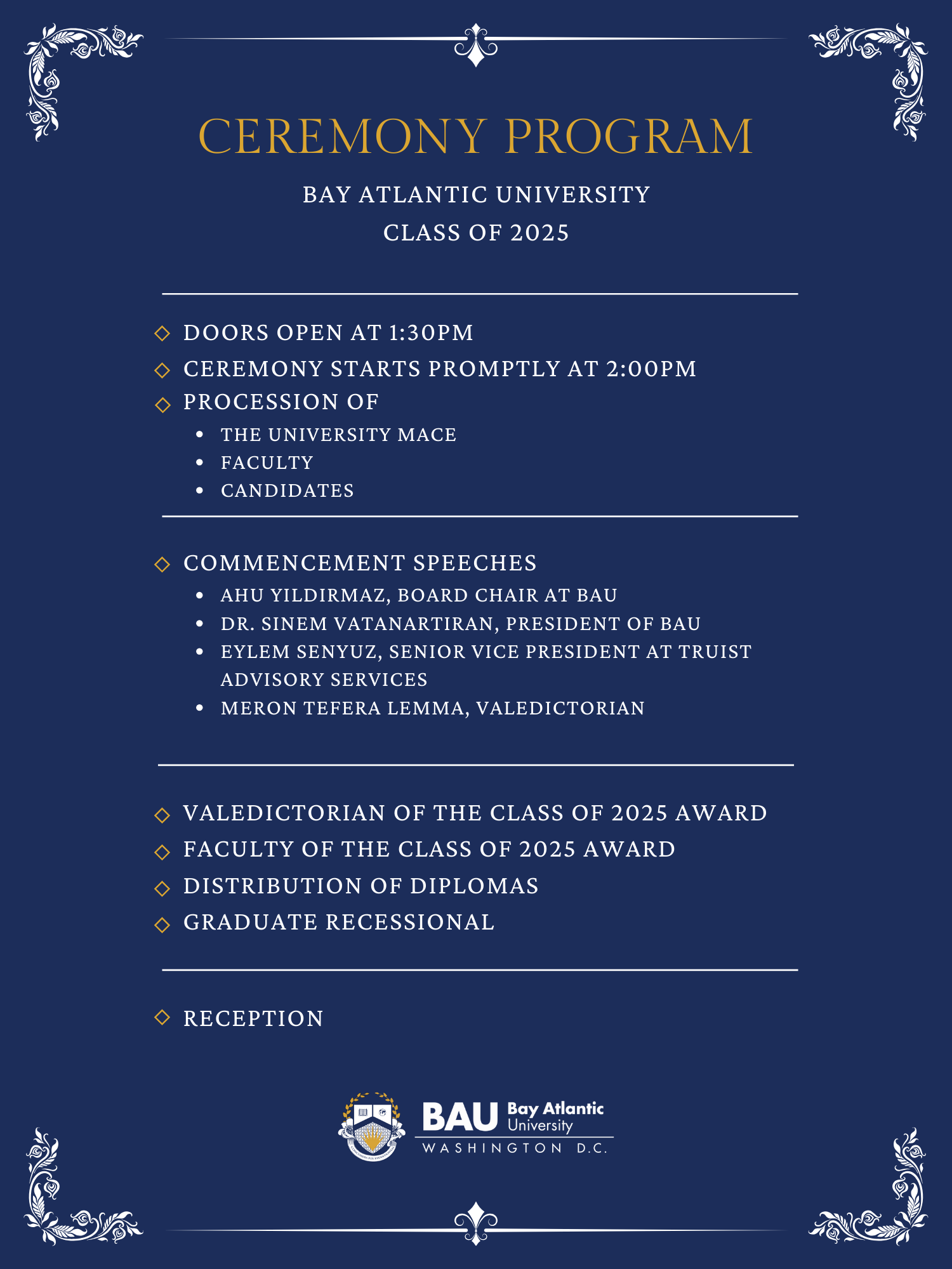 Ceremony Program for Bay Atlantic University Class of 2025, including schedule and speakers.
