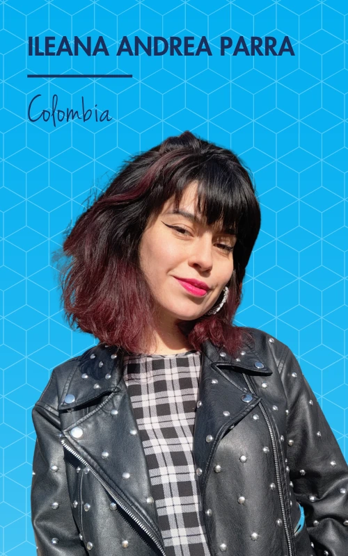Young woman smiling in a leather jacket with a blue geometric background. Text: Colombia.