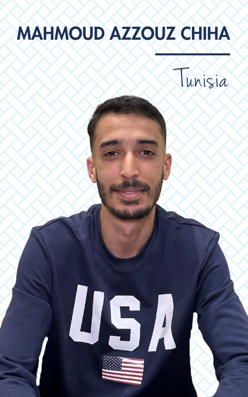Young man in a USA sweatshirt with a background of geometric patterns, labeled Tunisia.