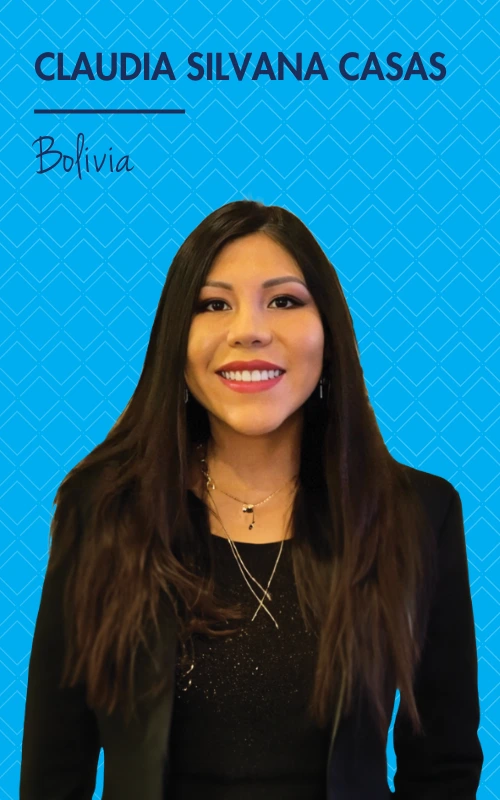 Portrait of a smiling woman in a black jacket on a blue patterned background with text mentioning Bolivia.
