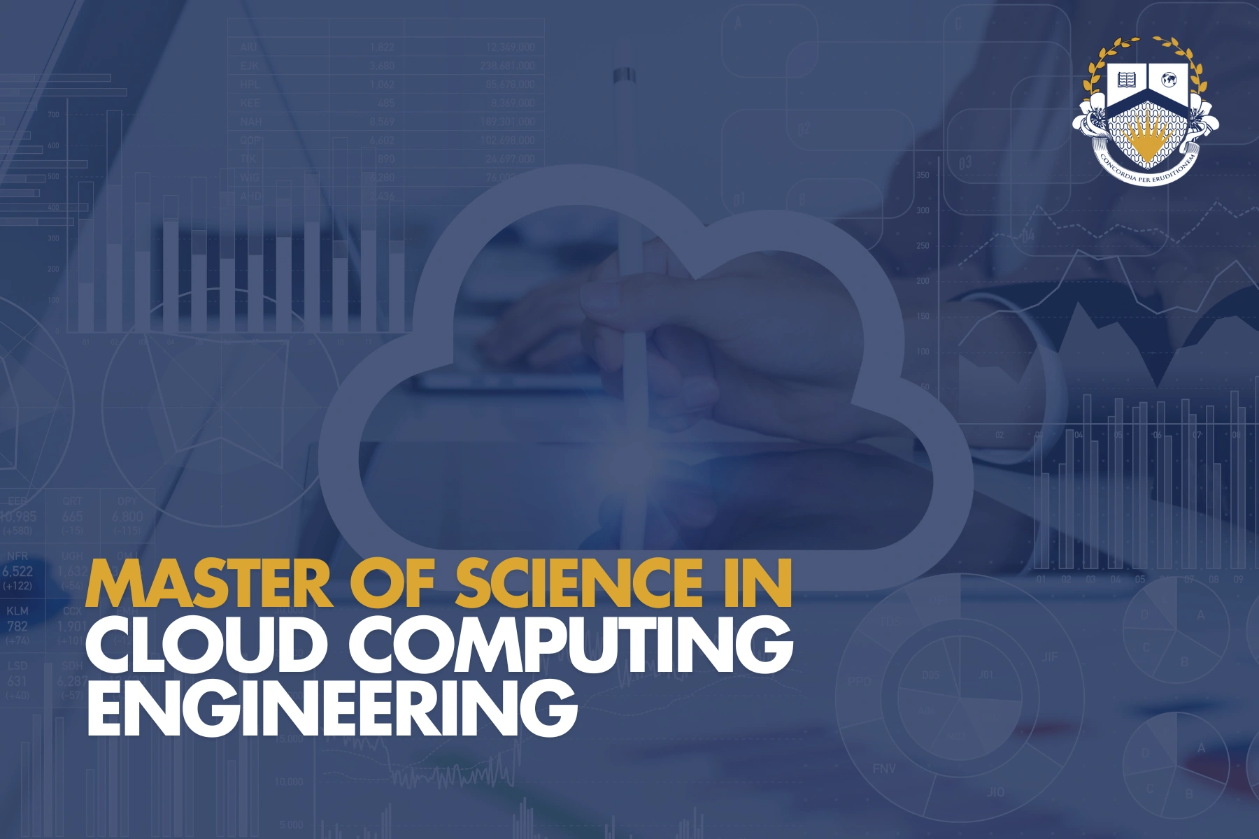 Master of Science in Cloud Computing Engineering program advertisement with graphics and charts in the background.