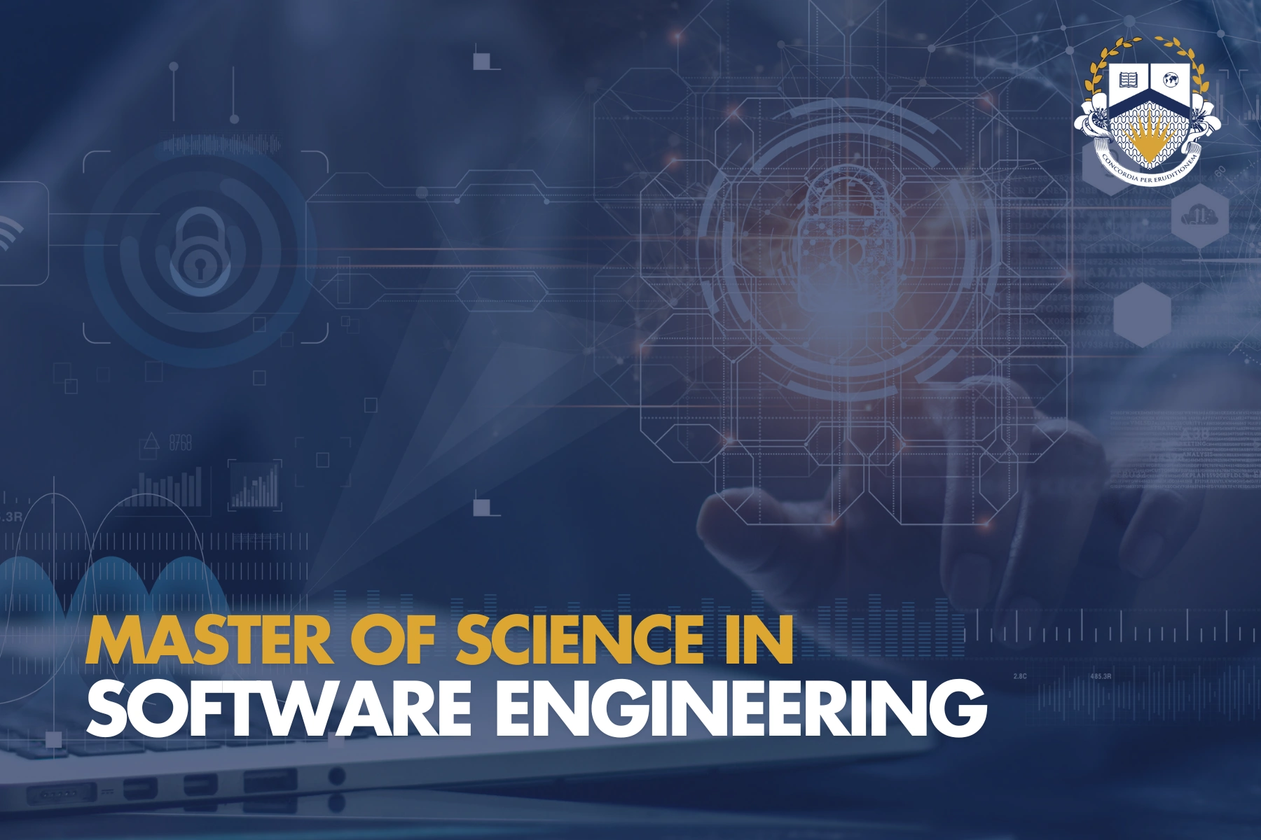 Alt text: Digital collage showcasing Master of Science in Software Engineering program with tech graphics and laptop