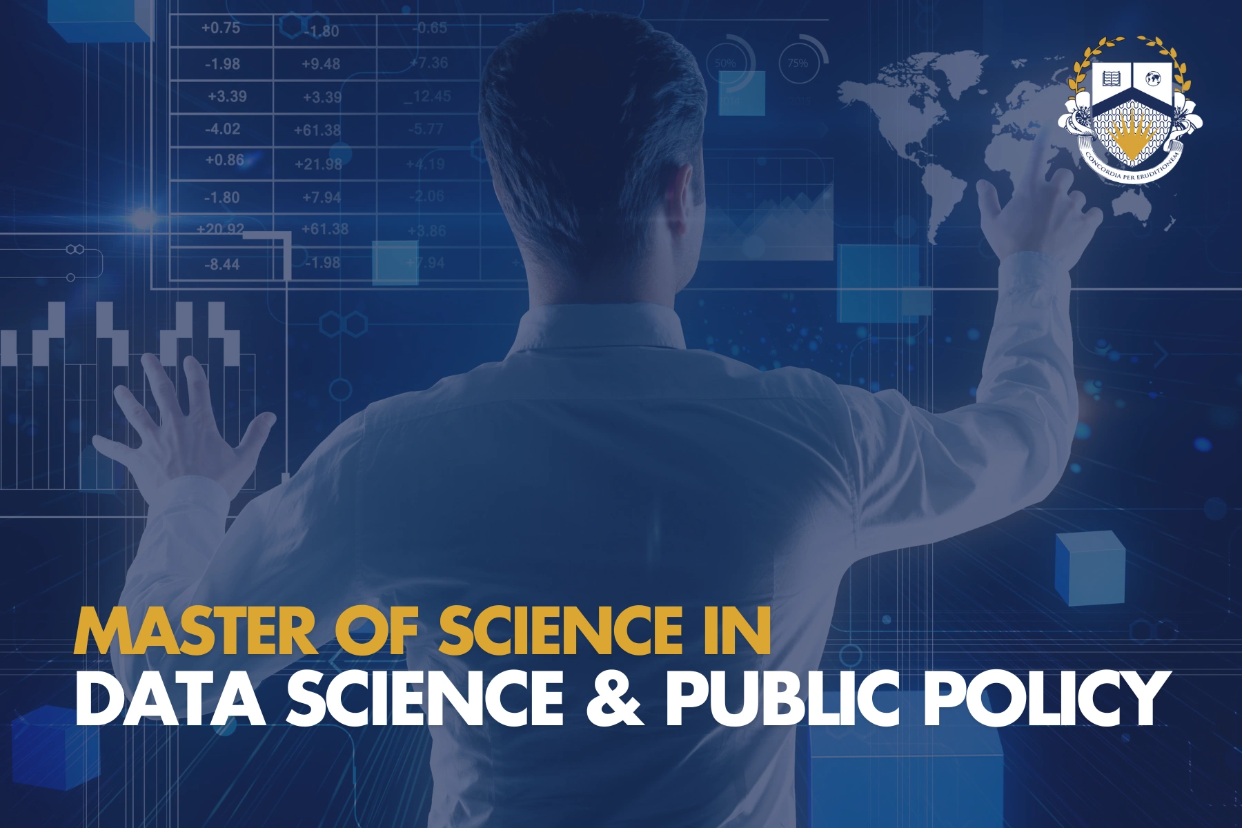 Man interacting with data visualizations, text: Master of Science in Data Science & Public Policy.