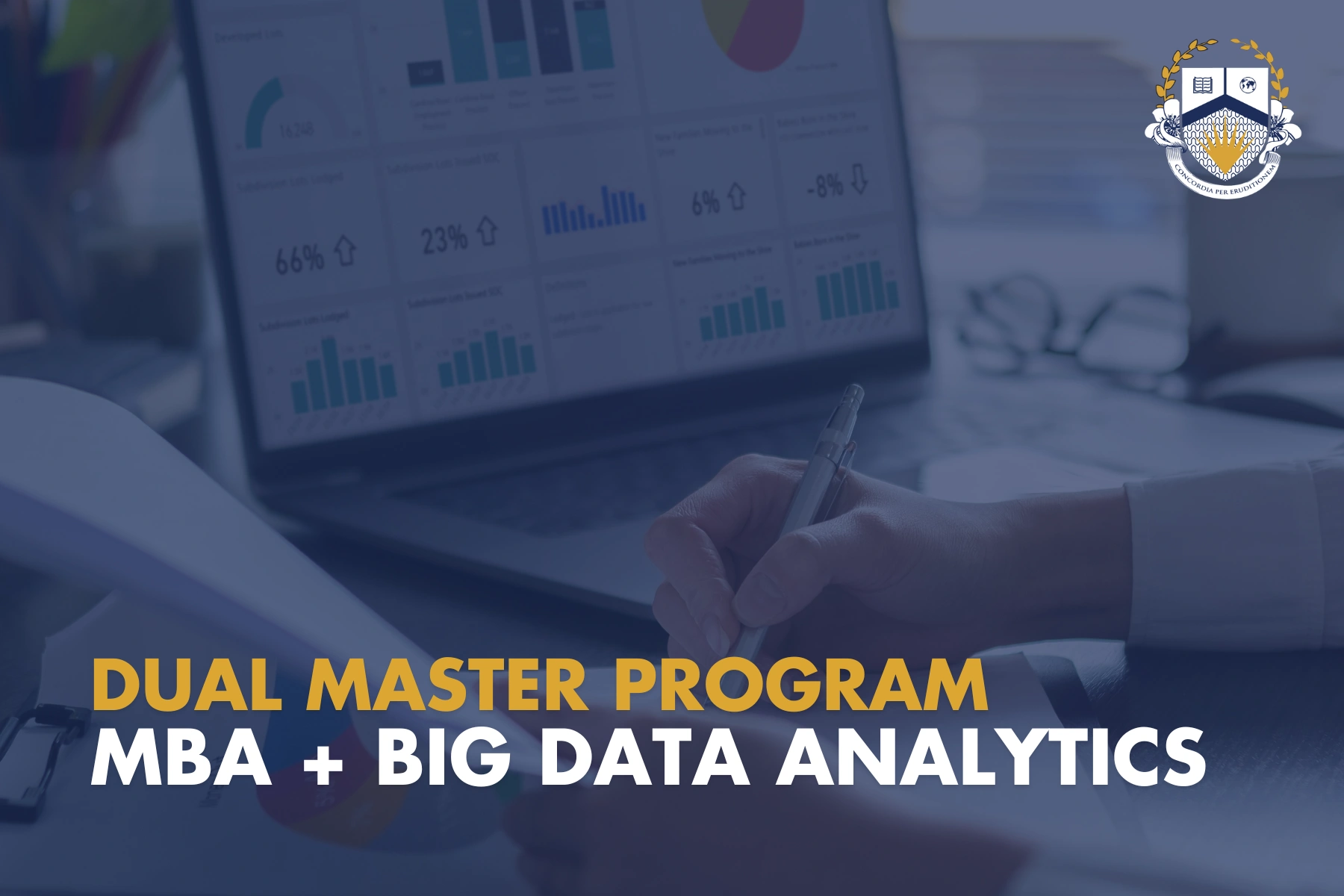 Dual Master Program: MBA + Big Data Analytics with graphs and laptop in the background.