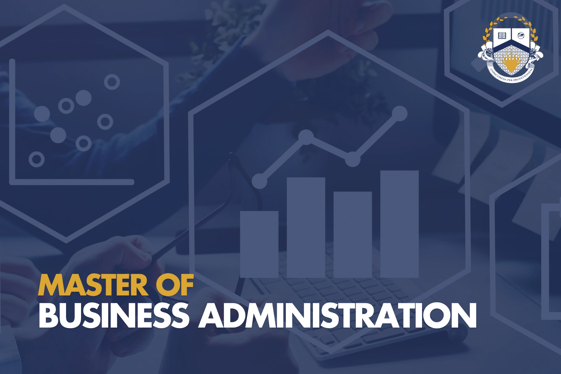 Master of Business Administration graphic with growth chart and keyboard in background