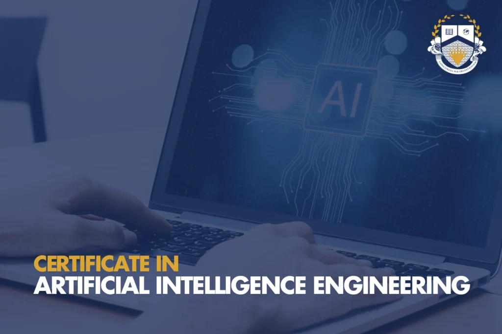 Certificate in Artificial Intelligence Engineering shown on laptop screen with hands typing.