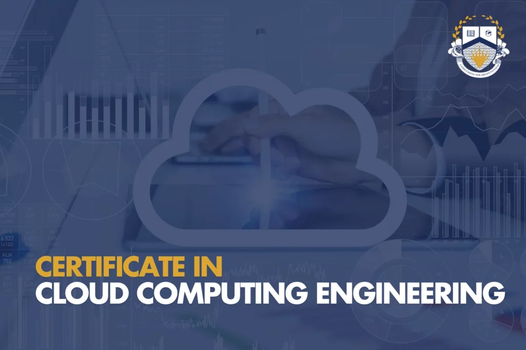 Certificate in Cloud Computing Engineering, digital graphic with a cloud outline and data analytics charts in the background.