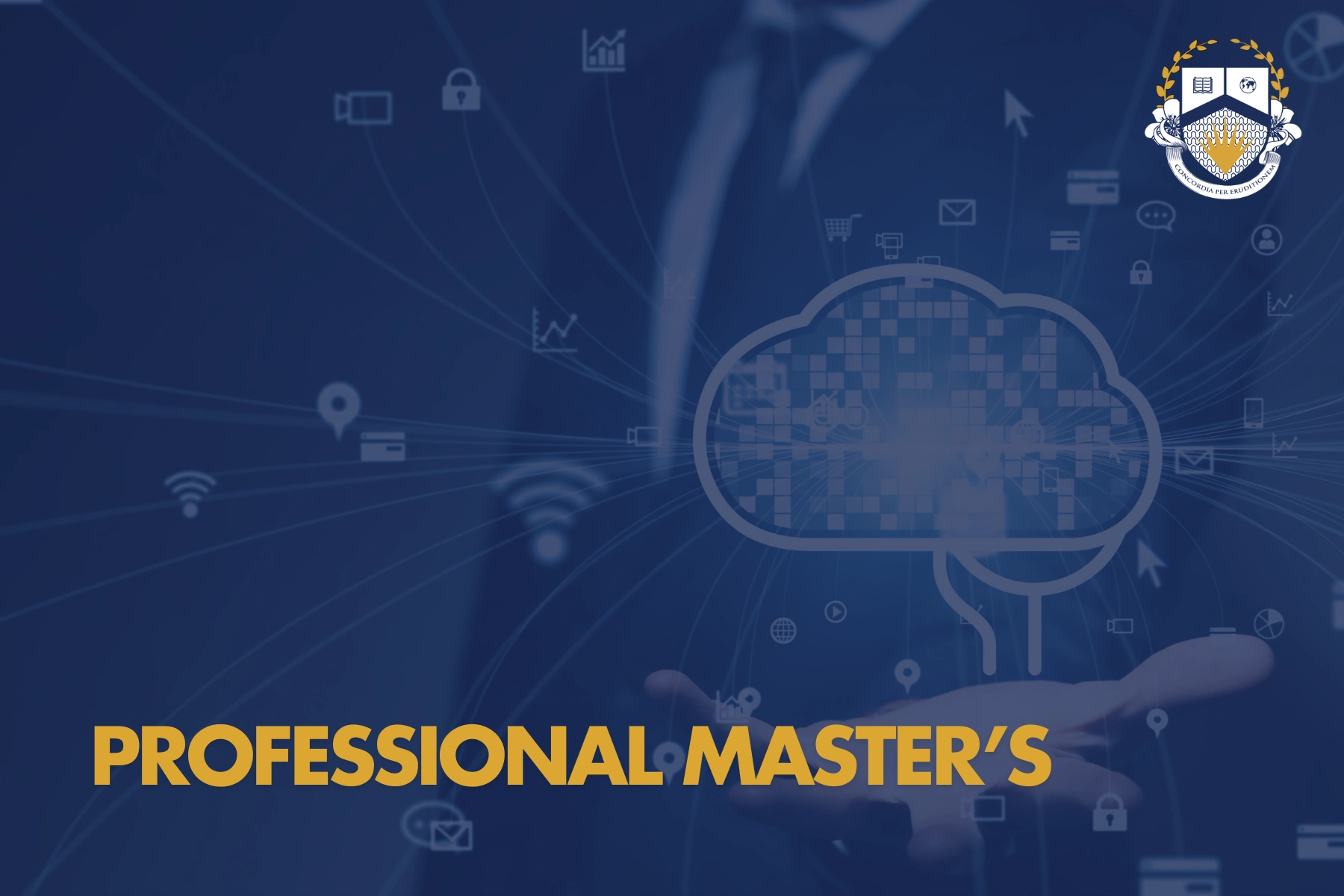 Graphic of technology icons and cloud over a hand, representing a professional master’s program in digital innovation.