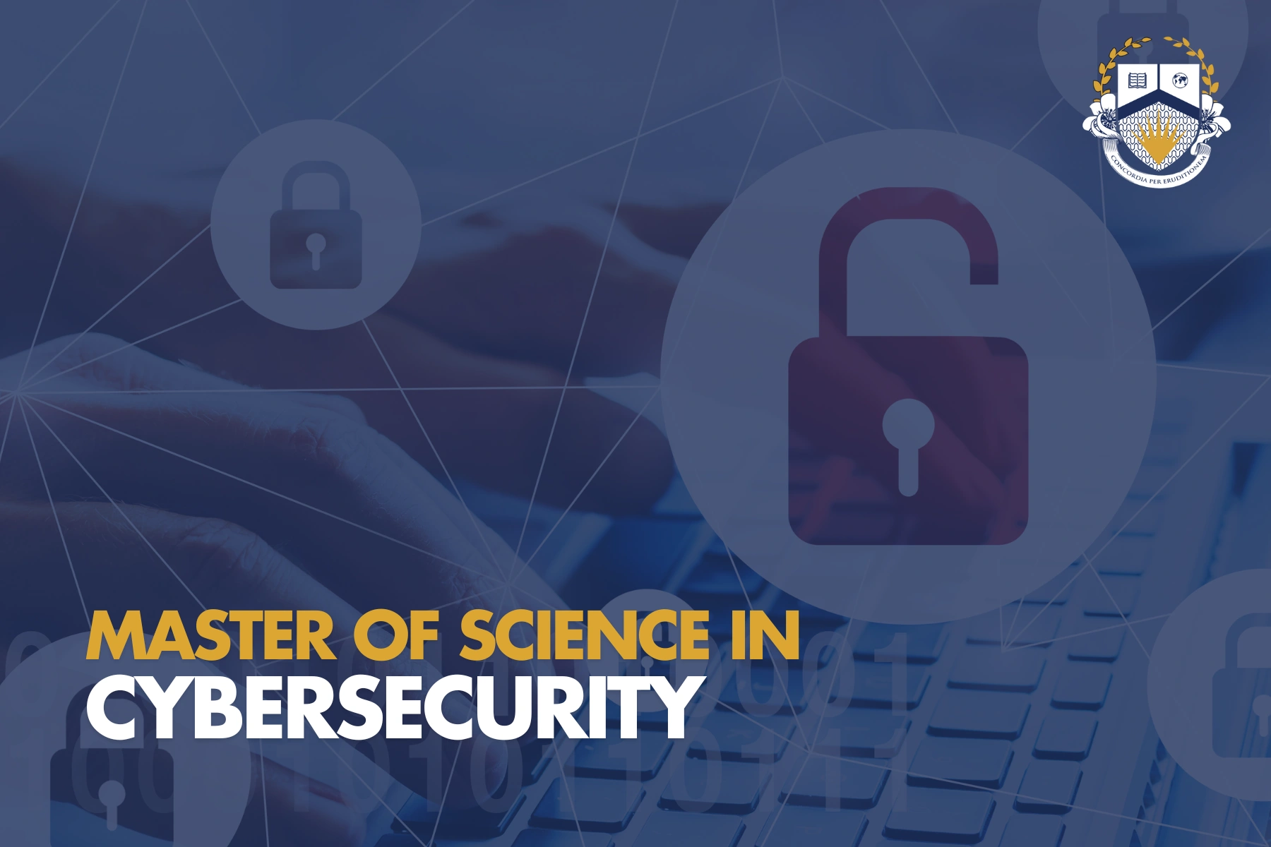 Master of Science in Cybersecurity text over keyboard and lock icons, promoting a cybersecurity degree program.