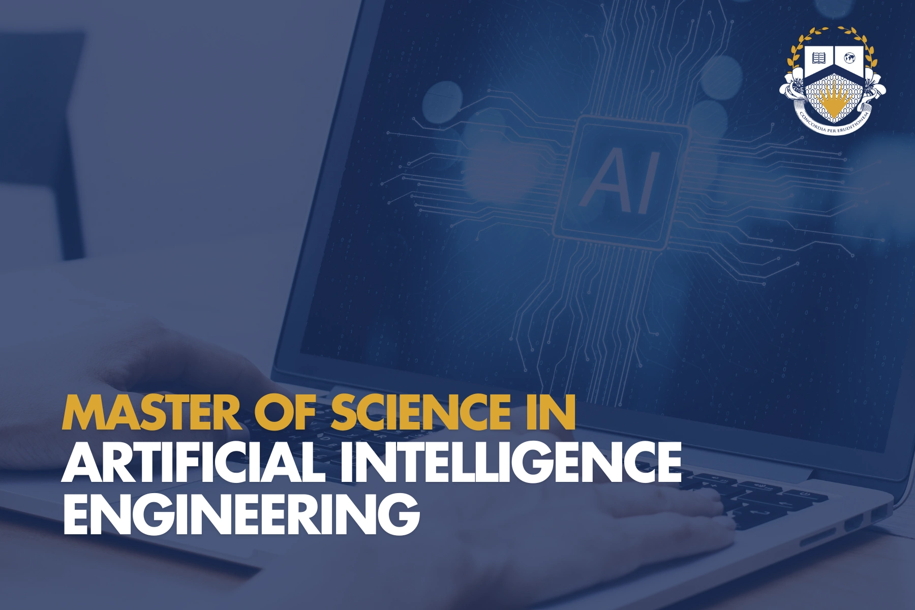 Master of Science in Artificial Intelligence Engineering on laptop screen with circuit design and university crest.