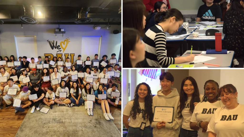 Group of students at BAU event, holding certificates and participating in workshops. Smiling and engaged in learning.