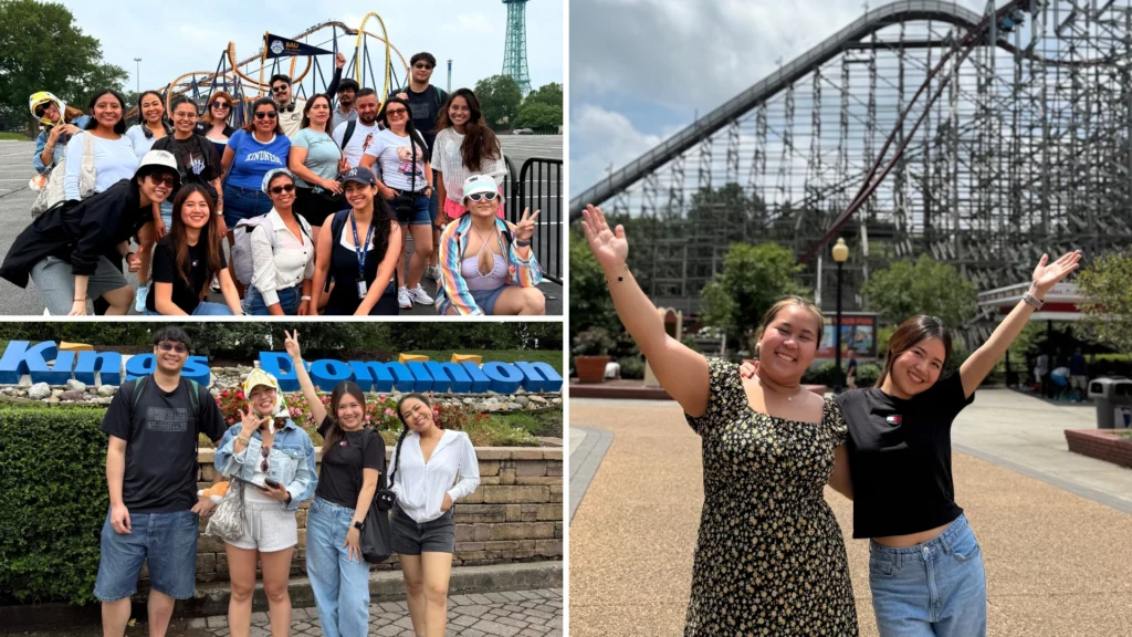 Group having fun at Kings Dominion theme park with roller coasters and friends.
