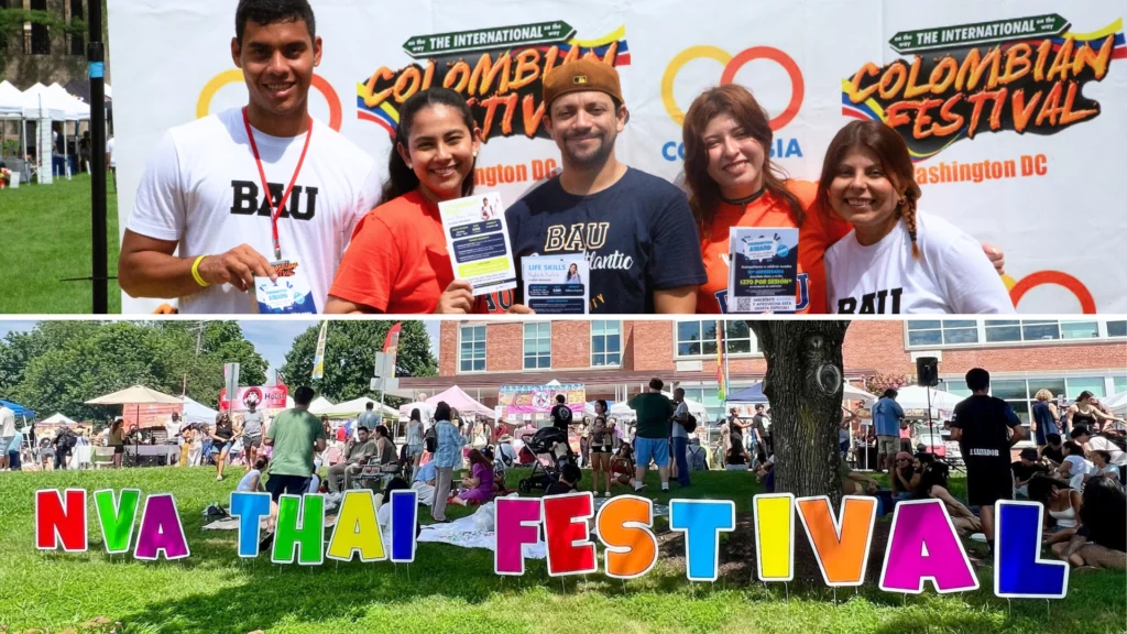 People enjoying Colombian and Thai festivals, showcasing diverse cultures and vibrant community gatherings.