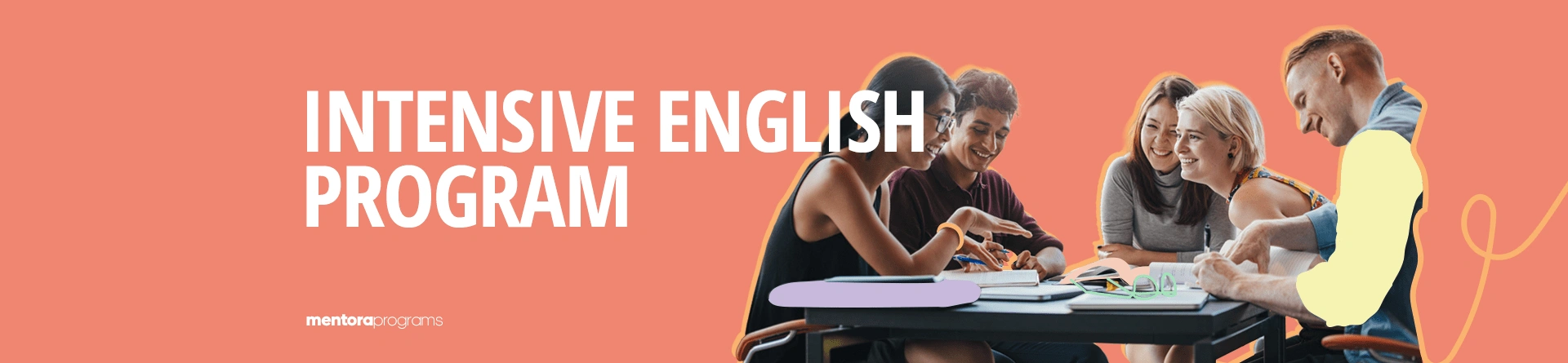 Group of students collaborating in an Intensive English Program class setting against a coral background.