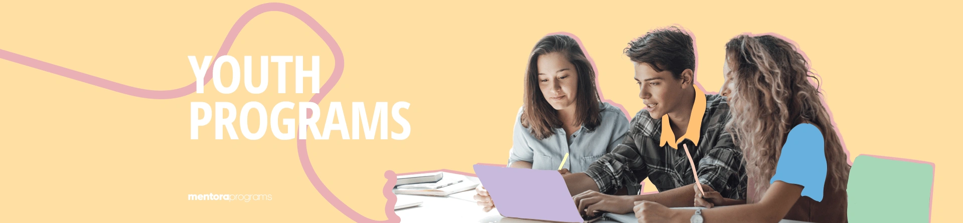 Teens collaborating on a laptop for youth programs, with a pastel background and text saying 'Youth Programs'