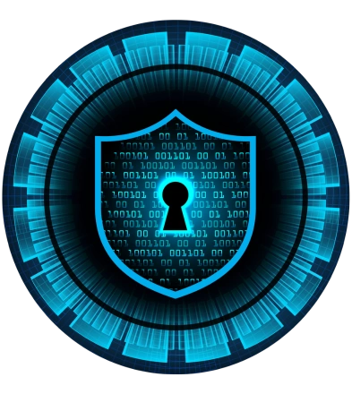 Digital security shield with binary code, keyhole, and futuristic blue circular interface.