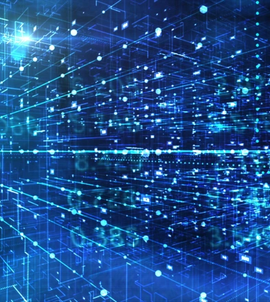 Abstract digital network with glowing lines and dots on blue background, representing data flow and connectivity.