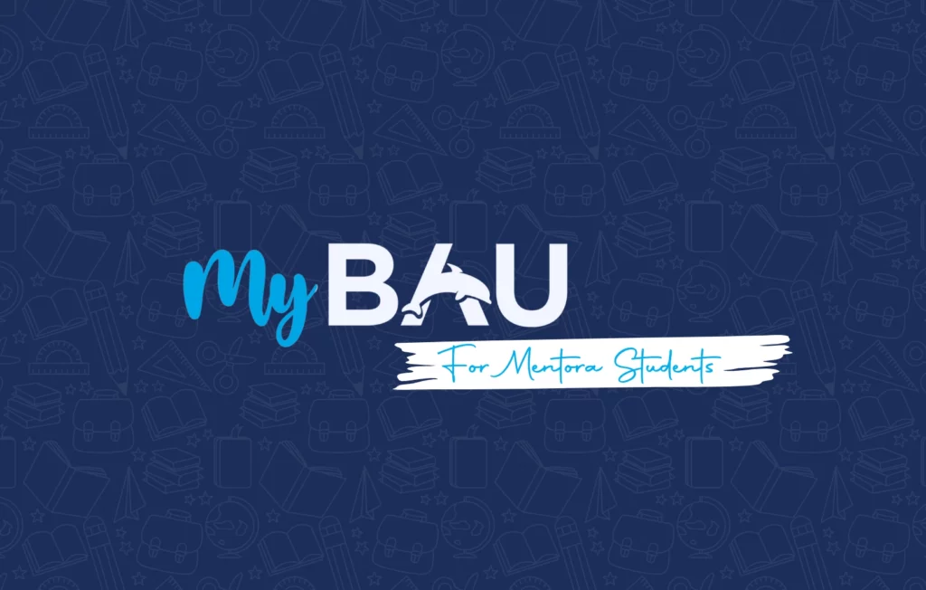 My BAU logo with dolphin for Mentora students, educational themed background.