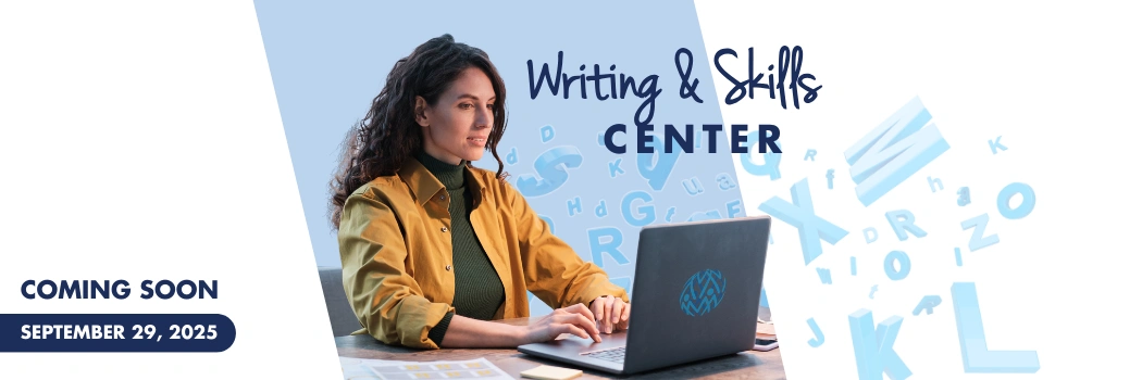 Woman using a laptop for the Writing & Skills Center launching on September 29, 2025.
