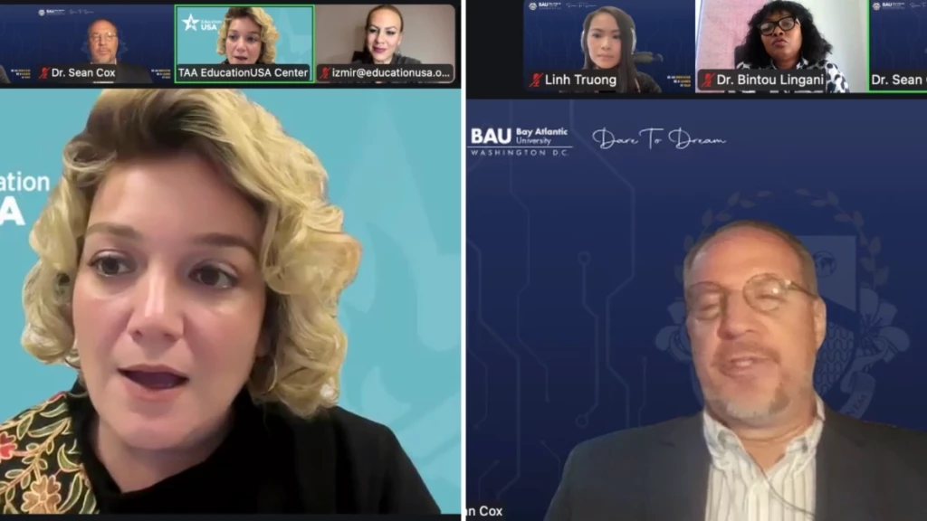 Group video conference with diverse professionals engaged in discussion.