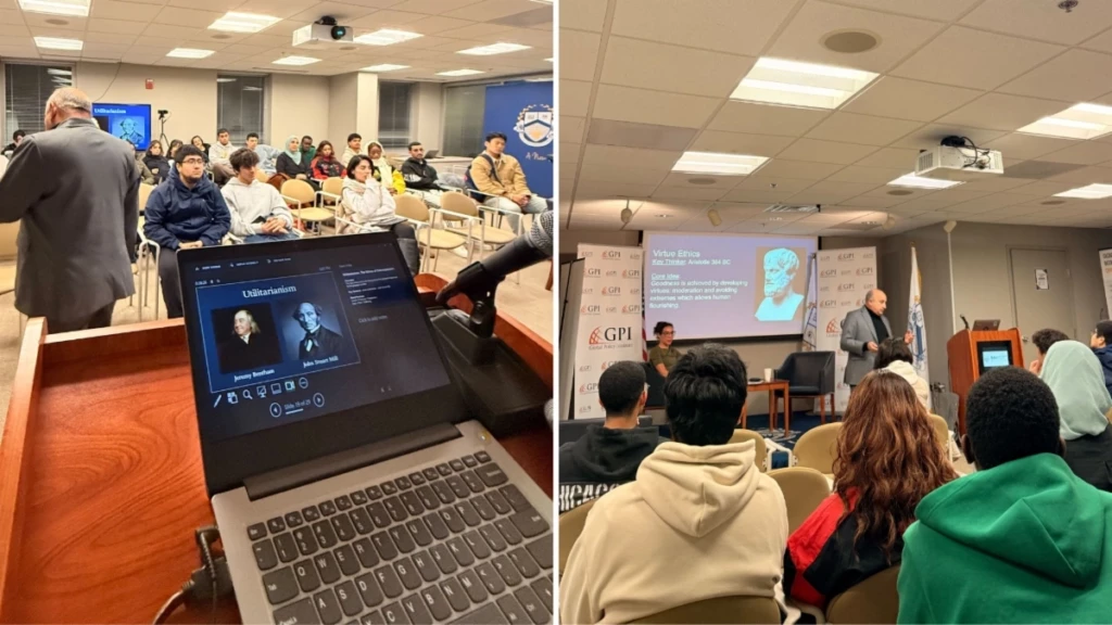 Lecture on philosophy, focusing on utilitarianism and virtue ethics, engages university students in classroom setting.