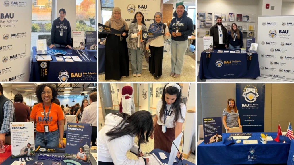 Bay Atlantic University students and staff at an information booth promoting academic programs.