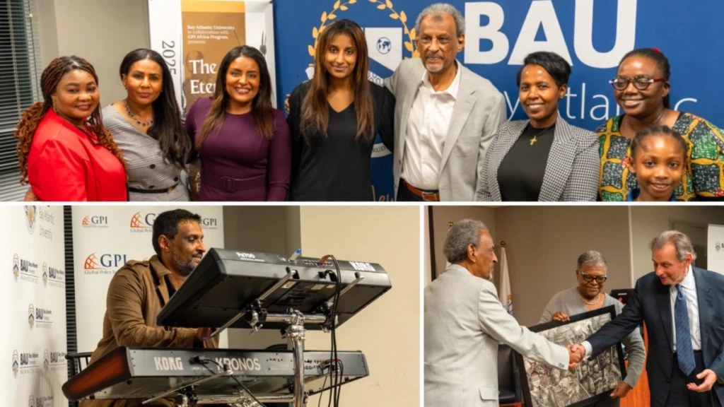 Group photo at an event, man playing keyboard, handshake with framed artwork exchange.