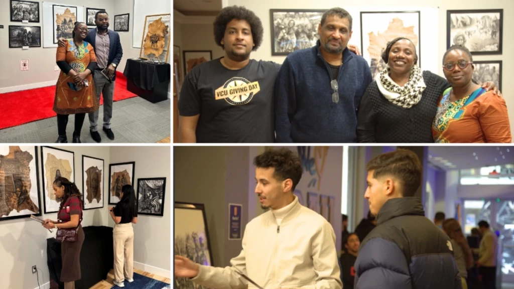 Art exhibit gathering with diverse people enjoying and discussing artwork.