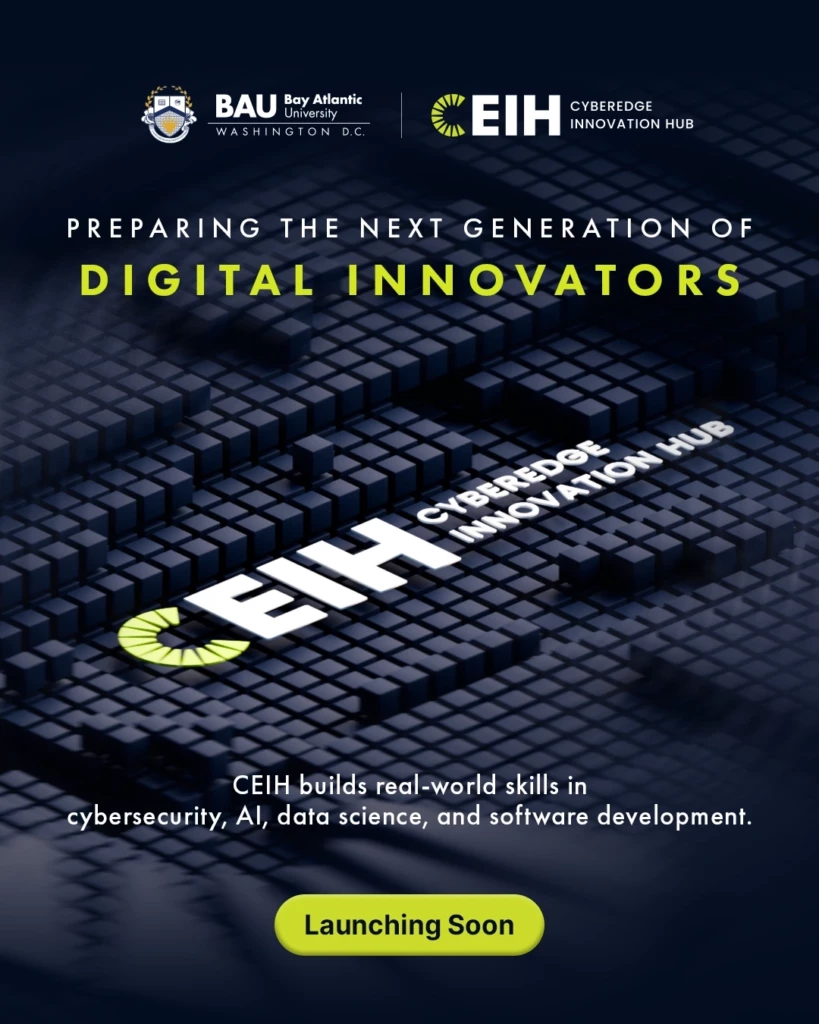 Promo image for CEIH at Bay Atlantic University, focusing on digital innovation skills in cybersecurity and AI. Launching soon.