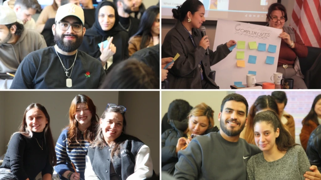 Diverse group engaged in a workshop with discussions, presentations, and smiling participants.