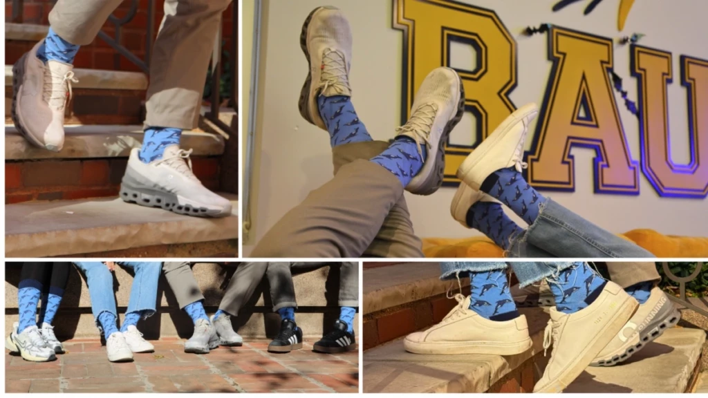 People wearing white sneakers and blue patterned socks in various poses. Casual and stylish footwear.