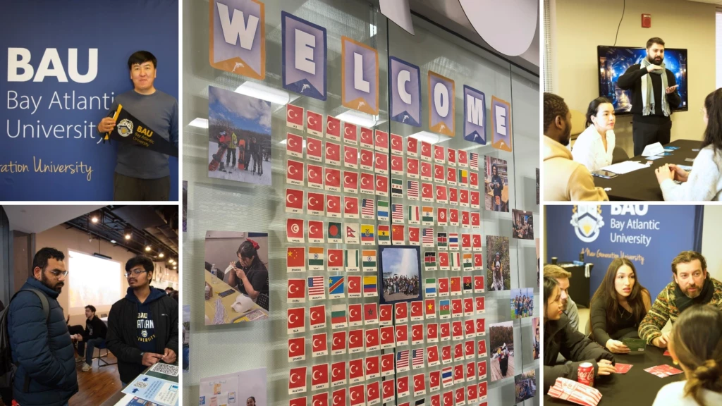 Bay Atlantic University students engage in diverse activities, showcasing international flags and vibrant campus life.