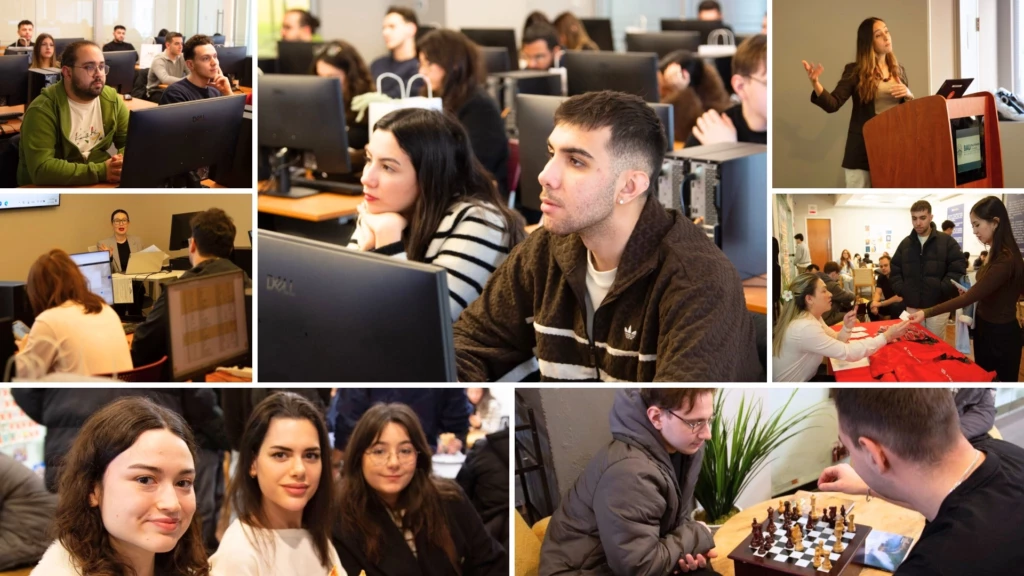 Collage of students learning, networking, and playing chess in a classroom and event setting.