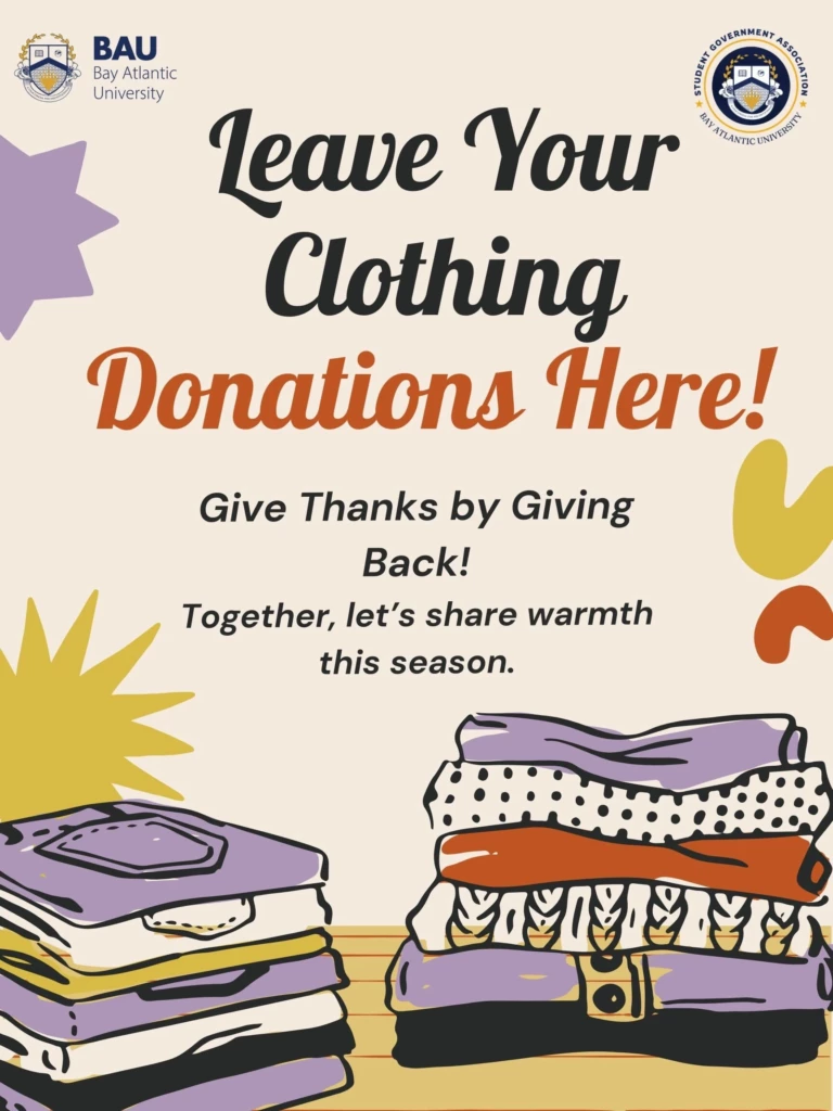 SGA Clothing Donations 2025 Bay Atlantic University clothing donation drive poster encouraging seasonal warmth sharing.