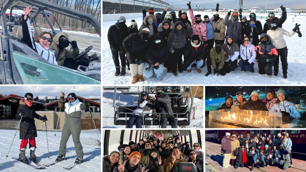 Group enjoying winter sports and activities, including skiing and snowmobiling, in a snowy landscape.