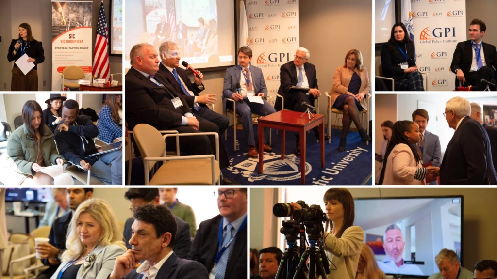 Panel discussion at Global Policy Institute event with speakers and audience engaged in conversation.