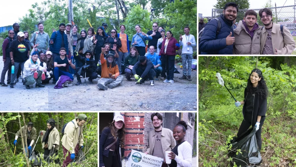 Volunteers cleaning up Anacostia watershed, removing litter, and celebrating teamwork on Earth Day.