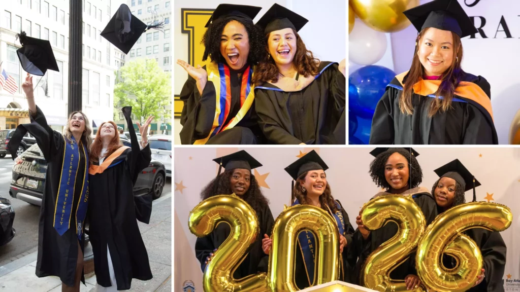 Graduates celebrating with caps in the air and holding 2023 balloons at a university ceremony.