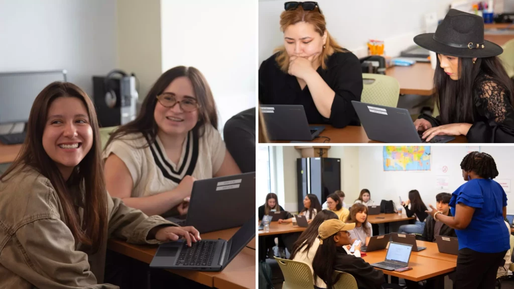 Students collaborating in a classroom setting with laptops, engaged in group learning and discussion.