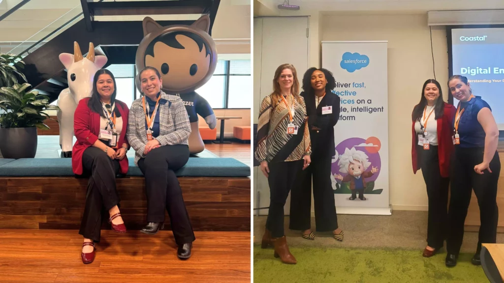 Women posing at a Salesforce event with Trailblazer and Dreamforce mascots, showcasing team spirit and technology.