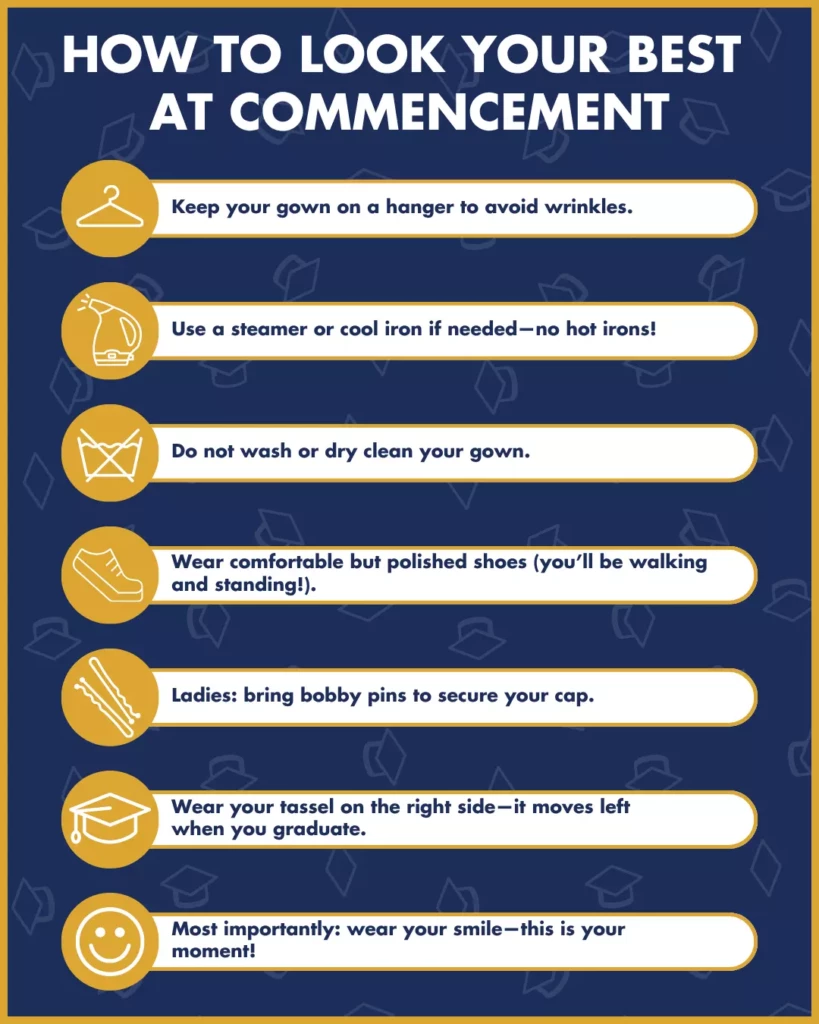 Commencement tips: care for gown, choose polished shoes, use bobby pins, style tassel, and don't forget to smile!