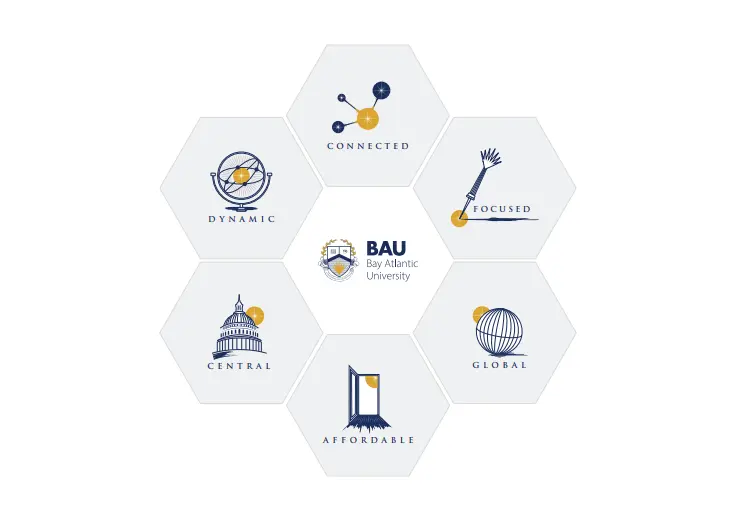 Bay Atlantic University infographic: dynamic, connected, focused, central, global, affordable values in hexagonal design.