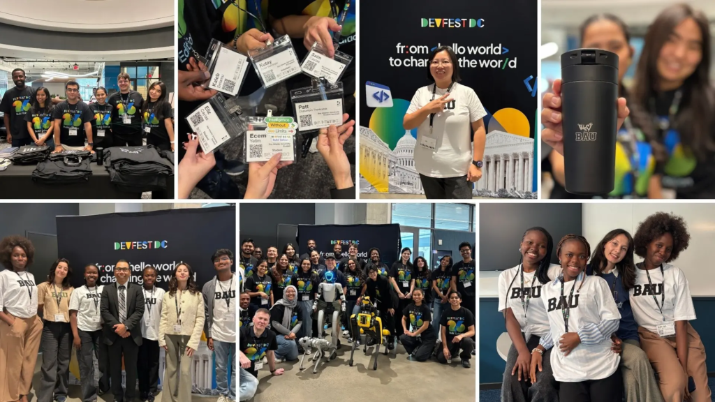 A collage of DevFest DC featuring attendees, name badges, a robot, and BAU merchandise at a tech event.