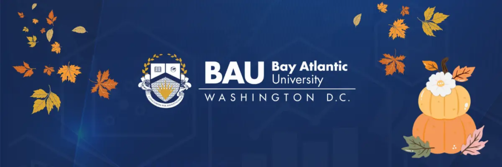 Bay Atlantic University logo with autumn leaves and pumpkins, Washington D.C., blue background.